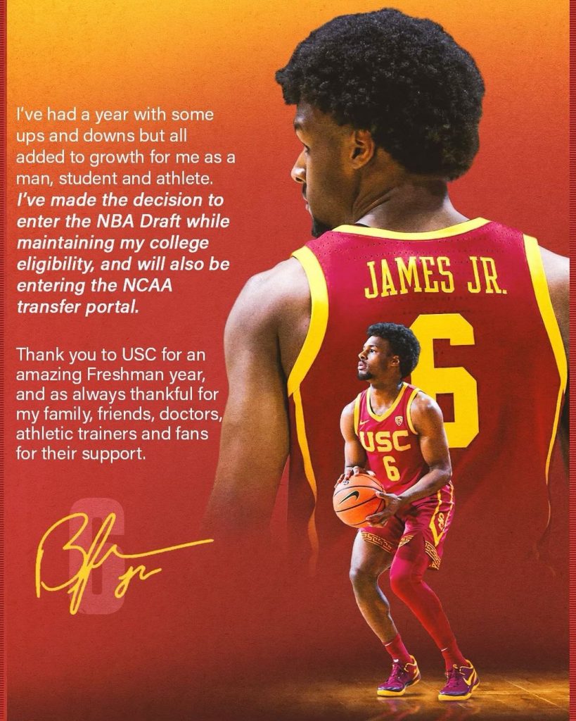 詹皇之子Bronny James宣佈參加2024年NBA選秀!「父子同隊」夢想更近一步!
